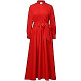 Church Clergy Dress for Women Long Sleeve A Line Elegant Maxi Dress with Tab Insert Stand Collar and Belt