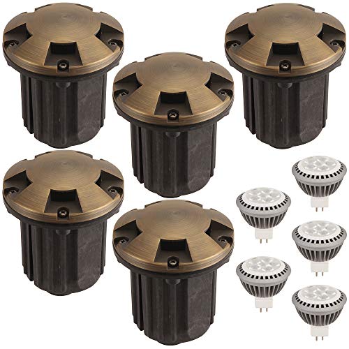 LFU Pack of 5 Solid Cast Brass Constructed Well/Inground Lights. with 5 MR16 LED 5W LED Bulbs. 2700K Warm White. Low Voltage ACDC. Model LF3005AB Verona