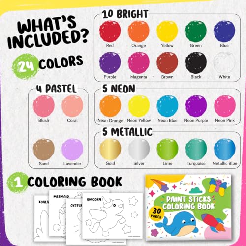 Funcils 24 Tempera Paint Sticks for Kids with Coloring Book - Washable, Non-Toxic Markers for Toddlers | Works on Paper, Canvas, Wood, Cardboard - Art Craft Supplies, Painting Crayons Ages 1 2 3 4 5 6