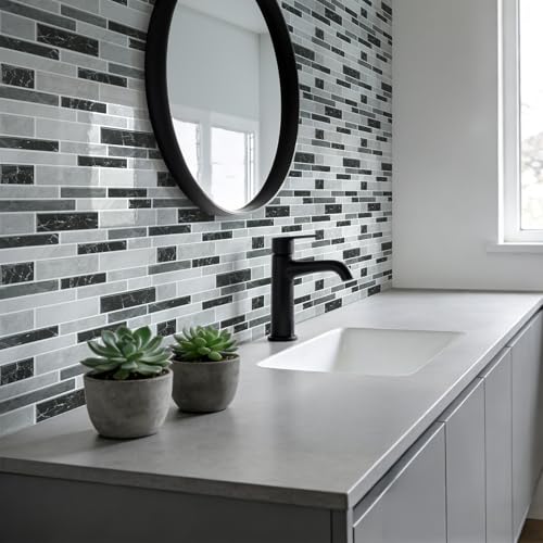 Vieshful 10 Pieces Adhesive Kitchen Tiles 30 x 30 cm, Self-Adhesive PVC Marble Effect Tiles, Kitchen and Bathroom Splash Protector, Wall Cladding Without Works Marble Black-Grey