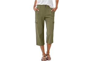 Women's Cargo Capris Pant Multi-Pocket Semi-Stretch Waisted Sweatpants Button Down Plain Hiking Lightweight Pants