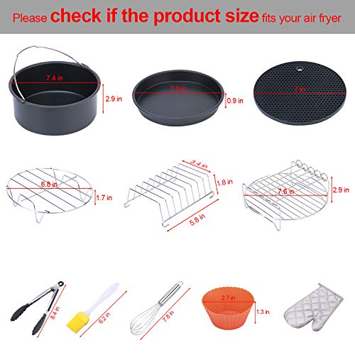 ColorGo Air Fryer Accessories 7 inch Fit all 3.7 QT-5.3 QT, Suit for Philips, Coynza,Gowise Includes Cake Barrel, Pizza Pan, Skewer Rack, Bread Rack,Metal Holder and so on Set of 11 (7 inch)
