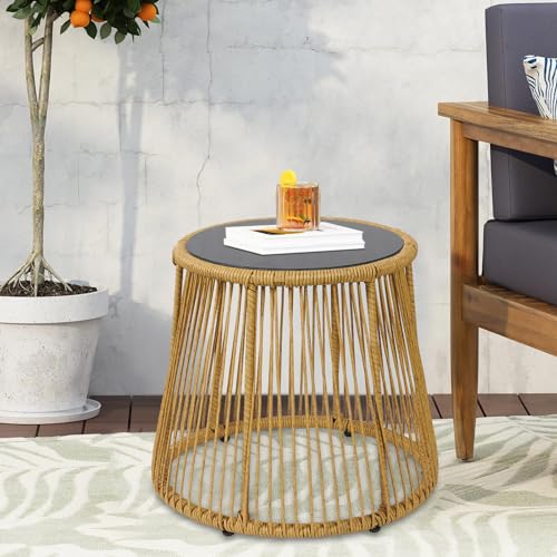 YIYAN 3 Piece Patio Bistro Set, Wicker Outdoor Patio Set with Enhanced Comfort Seating, Round Glass Top Coffee Side Table, Patio Rattan Conversation Set for Balcony, Lawn, Garden, Backyard (White)