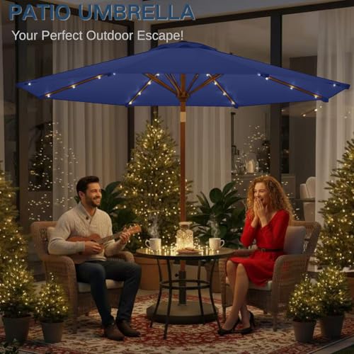 Patio kingdom 9' Solar LED Patio Umbrella with Tilt & Crank | 8 Sturdy Ribs,UV Protection,Outdoor Market Table Umbrella for Deck,Lawn,Pool,Backyard