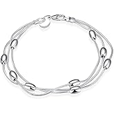 Fashion Dainty 3-Layer Chains Oval Beads Charm Bracelet for Women 925 Sterling Silver Plated Beaded Bracelets Solid Box Cable Rope Station Chain Jewelry Gifts for Her 8"Inch
