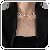 Xduargs Boho Layered Snake Chain Necklace Flat Snake Chain Choker Necklace Vintage Puffed Heart Necklace Silver Snake Herringbone Necklace Chain Jewelry for Women