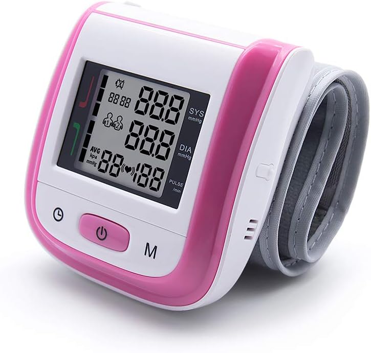 Wrist Blood Pressure Monitor Full Automatic Digital Blood Pressure Cuff Wrist BP Cuff with Pulse Rate Large Screen Display Alarm Function 2 User Modes (2 x 99Memory) Yonker YK-BPW1 - Pink