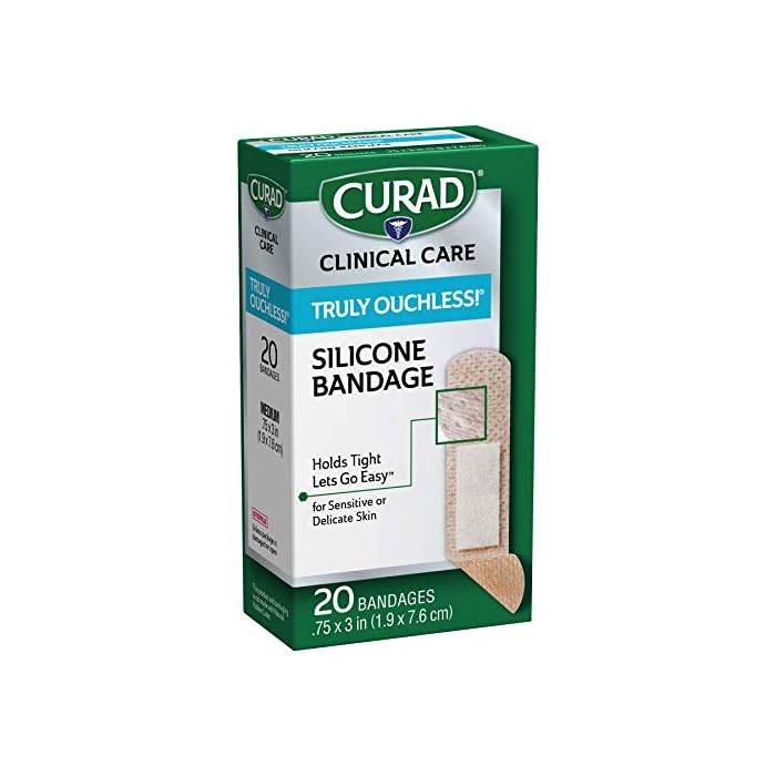 Curad Truly Ouchless Silicone Adhesive Bandages, Flex-Fabric for Sensitive or Delicate Skin, 3/4" x 3", 20 Count