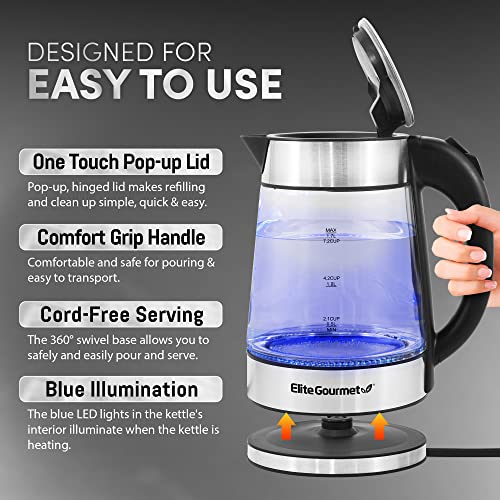Elite Gourmet EKT602 Electric 1.7L BPA Free Glass Kettle Cordless 360