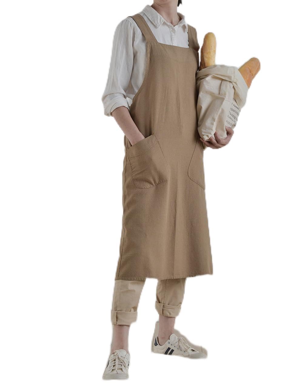 MUMOHO Japanese Linen Cross Back Kitchen Cooking Aprons for Men with Pockets for Baking Painting Gardening Cleaning khaki