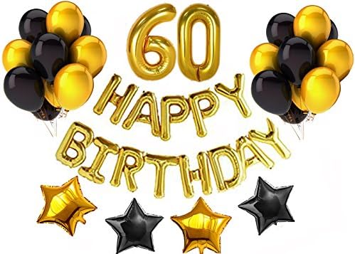 60th Happy Birthday Banner Decorations Kit-Party Supplies Kit, Golden Happy Birthday Balloon Banner, Golden Number 60 Balloons ,Gold and Black Star Balloons,2 Color Balloons For 60th Birthday Party