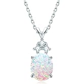 YUNKAI 14K White Gold Plated Opal Necklace for Women, 925 Sterling Silver Dainty Pendant Necklace Simple Round Oval Pear opal October Birthstone Jewelry Gift for Her Mom Birthday Christmas