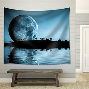 Night Landscape with Moon and Lake - Fabric Wall Tapestry Home Decor - 51x60 inches