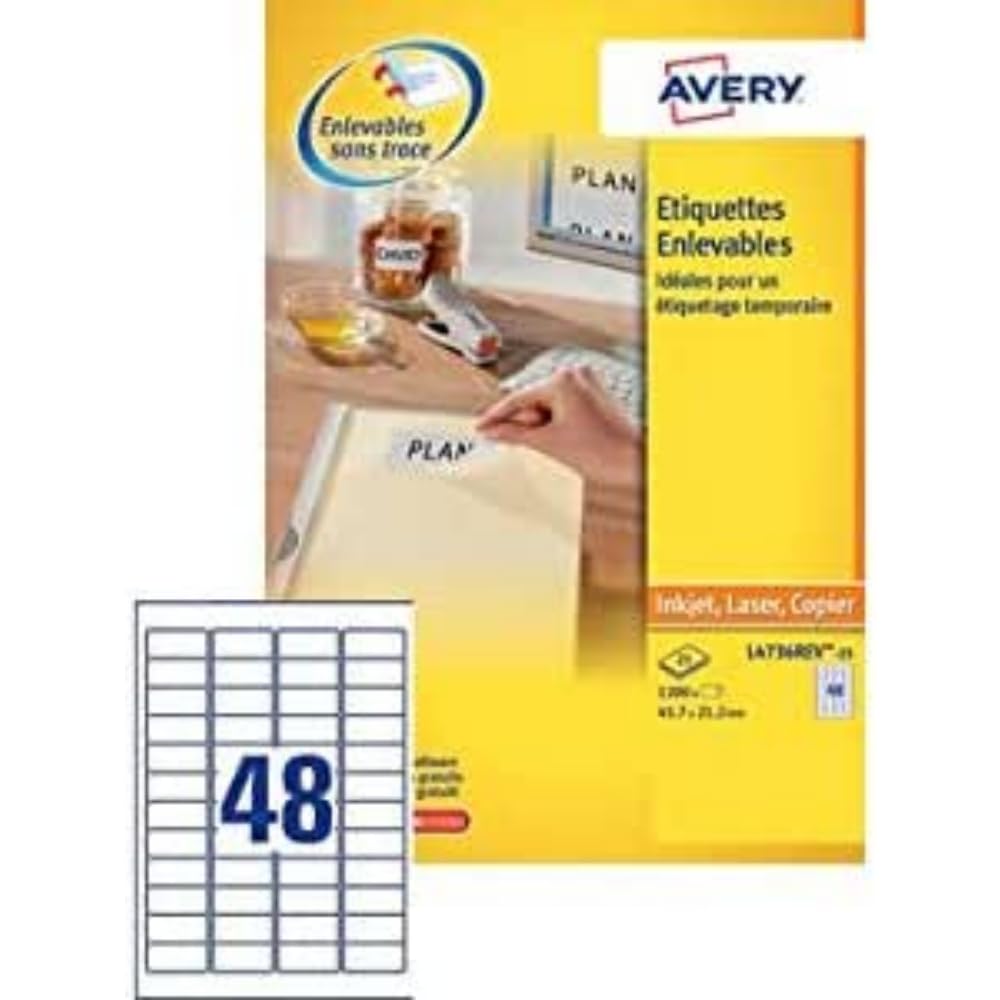 AVERY - 25 Removable White Labels - Format 210 x 297 mm - Laser and Inkjet Printing