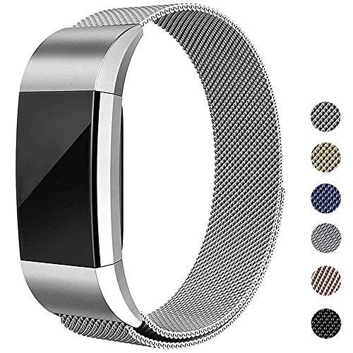 for Fitbit Charge 2 Band -Erencook Stainless Steel Magnet Metal Replacement Bracelet Strap for Women Men (Silver)