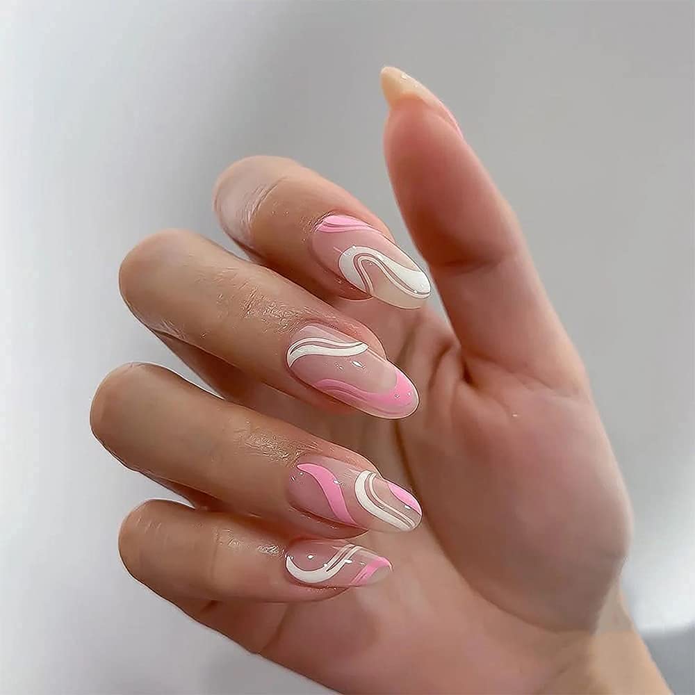24Pcs Oval False Nails Kit pink and white swirl design