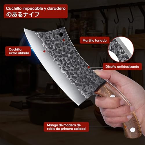Cuchillo Vikingo Martillado de Acero de Alto Carbono, Cuchillo Carnicero Forjado a Mano con Vaina, para Hogar, Camping, Barbacoa, Restaurante, Corte de Carne