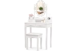 Alohappy Girls Makeup Vanity Set, Dressing Table Desk with Lighted Mirror and Stool, Makeup Table with 4 Drawers for Bedroom, Bathroom (Vanity with Lighted Mirror)