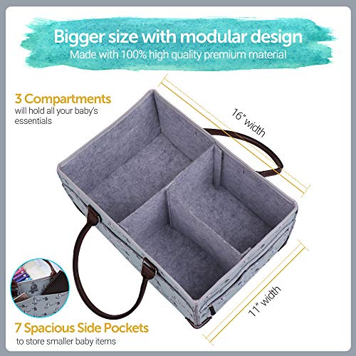 Baby Diaper Caddy Organizer - Shower Registry Gift Basket for Newborn Boy Girl, Large Nursery Storage Bins with Long Handle, Portable Felt Tote Bag for Baby Things, Car Travel, Changing Table (Green) - Thumbnail 2
