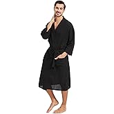 FashGudim Mens 100% Cotton Robe Lightweight Summer Bathrobe Soft Weave Kimono Bath Robe