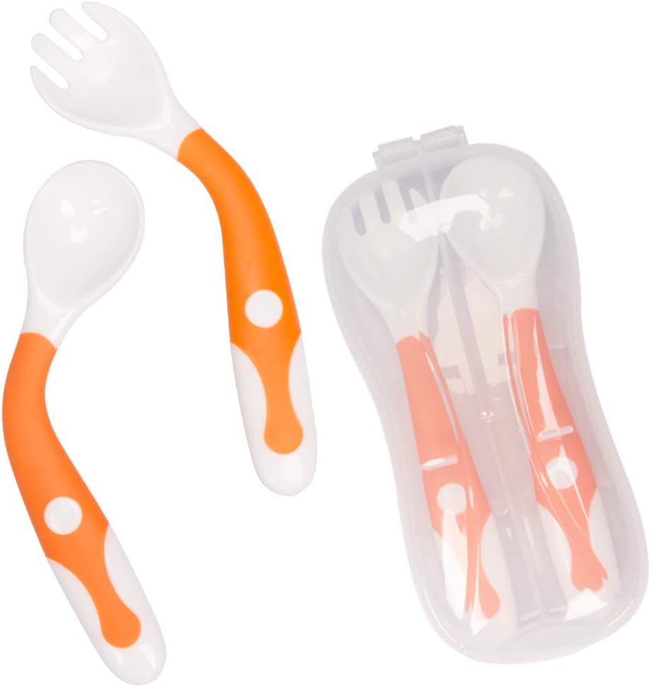 Baby Utensils Spoon Fork with Travel Safe Case Toddler Babies Children Feeding Training Spoon Easy Grip Heat-Resistant Bendable Soft Perfect Self Feeding Learning Spoons (1 Set Orange)