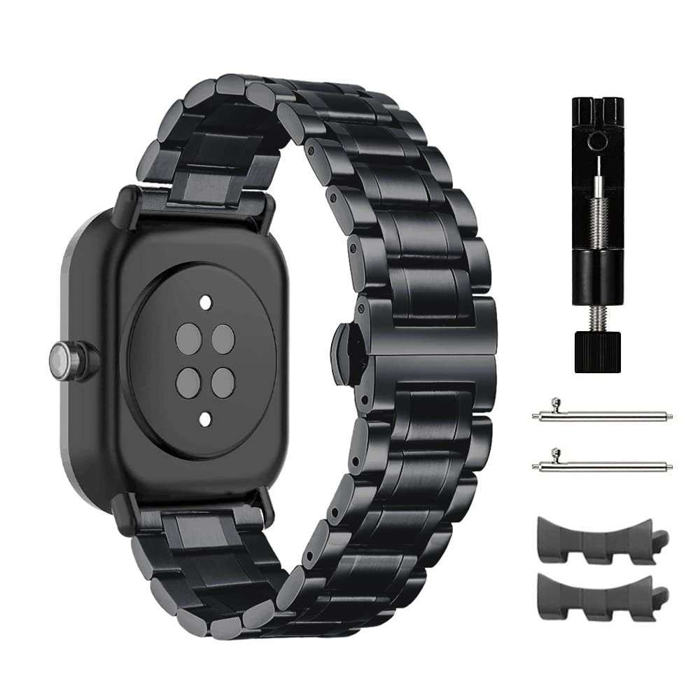 Niboow 20mm Strap for Amazfit GTS 4 Mini/GTS 3/GTS 2 Mini/Bip 3 Pro/Bip S/Bip U Pro/Bip Lite, Metal Stainless Steel Watch Bands for Garmin Venu Sq 2/Venu Sq 2 Music/Venu 2 Plus/Venu Sq Music-Black