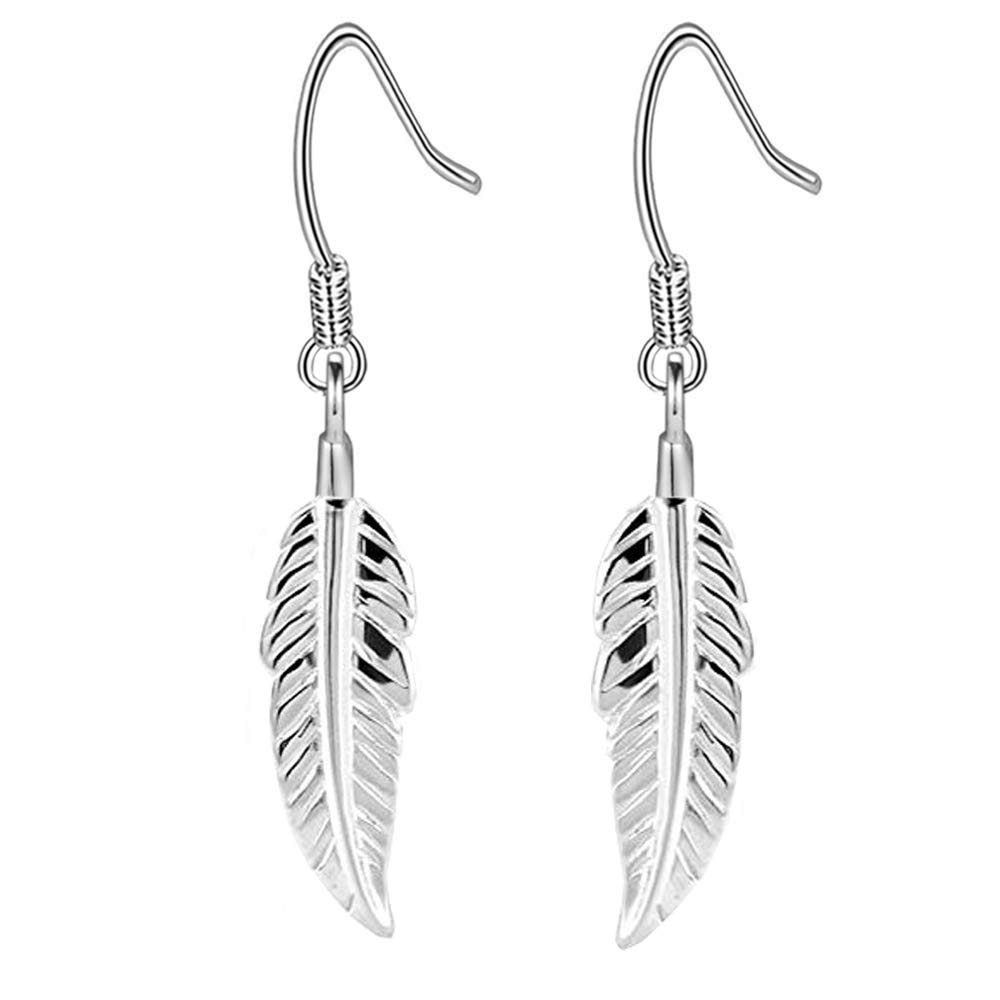 Fu You Womens Earrings Silver 925 Feather Drop Earrings Hook Earrings for Women girls