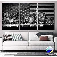 Original by BoxColors XLARGE 30"x 60" 3 Panels 30"x20" Ea Art Canvas Print Flag USA Chicago Skyline night Black & White Wall Home office decor interior (framed 1.5" depth)