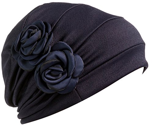 DancMolly Chemo Turban Cancer Ruffle Headband Beanie Cap Muslim Scarf Ethnic Cloth (Beige+Navy Blue) - Thumbnail 3