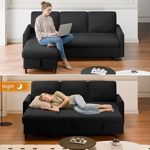 Shintenchi Sofa Bed Sleeper Pull Out 2 in 1 Sectional Sleeper Sofa Couches with Storage, Pullout Sectional Couches for Apartment Living Room, Black