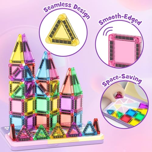 MEIQ 42-Piece Mini Magnetic Tiles Travel Set with Metal Storage Box - Portable STEM Building Blocks for Kids Ages 3-8, Montessori Educational Toys for Airplane & Car Rides, Gift for Boys & Girls