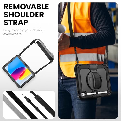 timecity for iPad (A16) 11th/ 10th Generation Case 11''/ 10.9 Inch (2025/2022) - Heavy Duty Protective Cover with Screen Protector, Stand, Shoulder Strap & Pencil Holder | Kids-Friendly - Black
