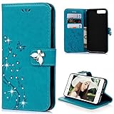 iPhone 7 Plus Case 2016, iPhone 8 Plus Case 2017 - Mavis's Diary 3D Handmade Wallet Embossed Floral Butterfly with Diamonds Gems PU Leather Elegant Flip Folio & Card Slots,Soft TPU Inner Cover - Blue