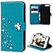 iPhone 7 Plus Case 2016, iPhone 8 Plus Case 2017 - Mavis's Diary 3D Handmade Wallet Embossed Floral Butterfly with Diamonds Gems PU Leather Elegant Flip Folio & Card Slots,Soft TPU Inner Cover - Blue