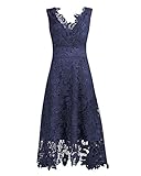 KIMILILY Women's V Neck Navy Blue Floral Lace Cocktail Evening Midi Dress(N,M)