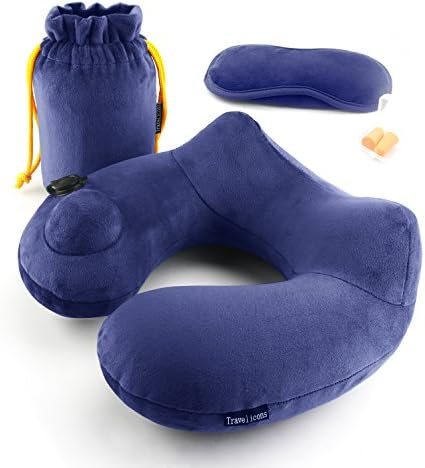 Inflatable Travel Pillow, MAXCHANGE Compressible Portable Neck Pillow with Memory Foam 3D Sleep Mask and Earplugs for Airplanes, Cars, Buses, Trains, Office Napping, Camping (Blue) …