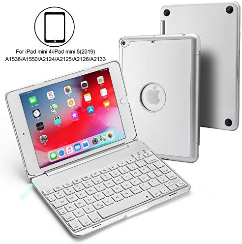 iPad Mini 5 Keyboard Case BECEMURU 7-color Backlight Wireless Bluetooth Keyboard Muti-angle Aluminium Alloy Folio Protective Case for 2019 Model iPad Mini 4, iPad Mini 5 (silver)