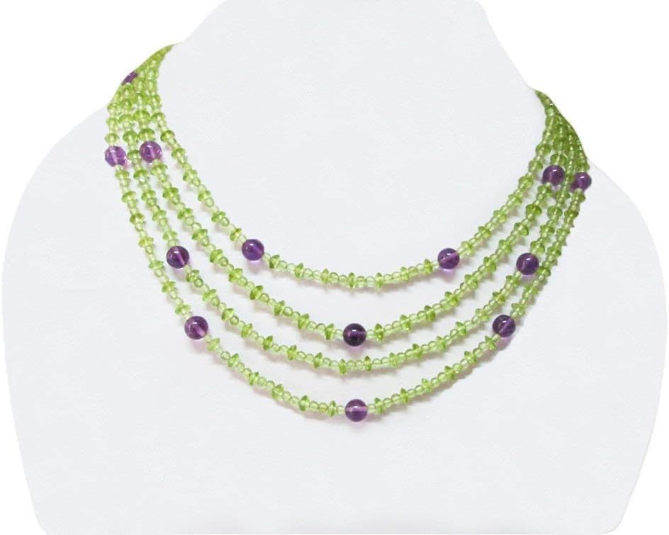 Multi strand Natural Green Peridot & Amethyst Beads Necklace with Adjustable Silk Tassel 16"