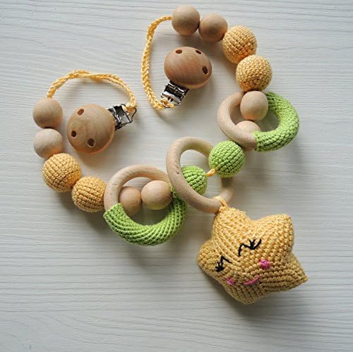 Stroller chain, Baby Rattle, Teething ring, Stuffed toy, Soft Star, Eco-friendly stuffer, Cotton Yarn, Wooden Beads