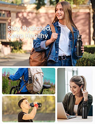 OMORC 316 Stainless Steel Water Bottle-18 oz, Vacuum Insulated Flask Bottle, Leak-proof Thermos Bottle with Straw Lid, Loop Lid,Carrying Pouch for Boys, Girls, Teens, Students, School,Sports, Camping