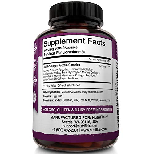 Multi Collagen Pills 2250mg 180 Capsules, Type I, II, III, V, X