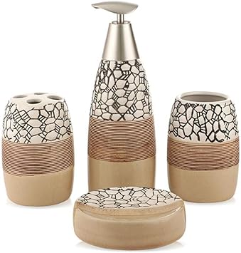 Gogh 4 Teiliges Badezimmer Zubehor Set Mit Delicated Texture Entwurf Anti Rutsch Und Anti Schimmel Einschliesslich Seifenspender Tumbler Zahnburstenhalter Seifenschale Beige Amazon De Kuche Haushalt