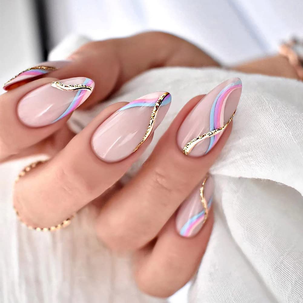 Carufin 24 PCS Moon Stars Fake Nail Love Heart Pearl Wave Acrylic False Nails Press on Nails Pointed Artificial False Nails for Women Girls (D)