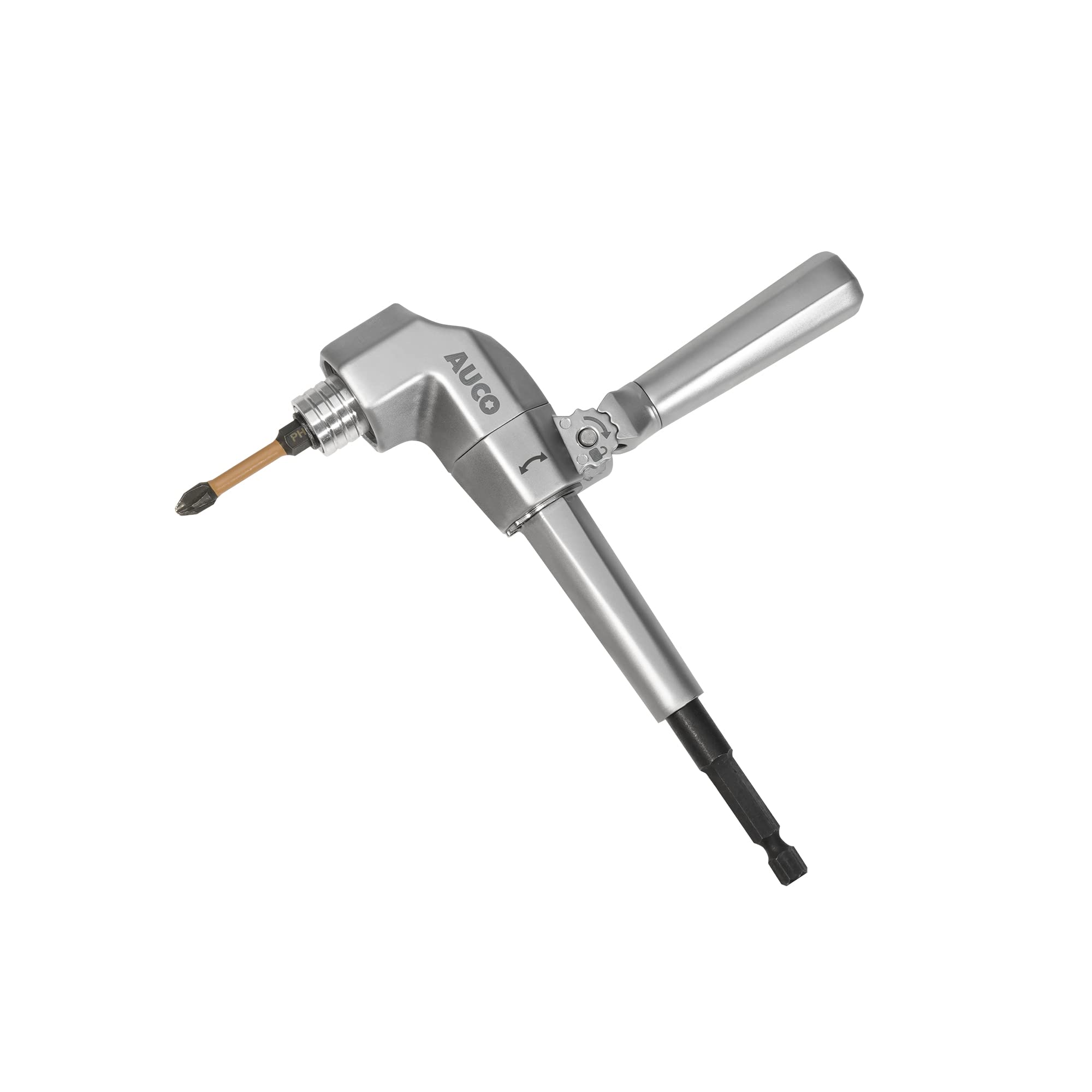 AUCO Durable Right Angle Drill Attachment, Adjustable Drill Adapter, Impact Fit, Max Torque 500 in-lbs (56.5 Nm), All Metal Body & Steel Gear, For Use with Cordless Drill and Impact Driver
