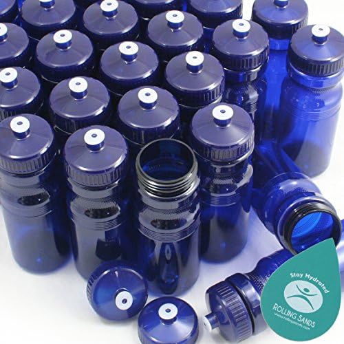 Rolling Sands USA Made 24 Ounce Sports Water Bottles - 100 Pack BPA-Free Blank Plastic Bottles for Group Use, Fitness Classes & Events - Translucent Navy Blue Bottle/Navy Blue Lid
