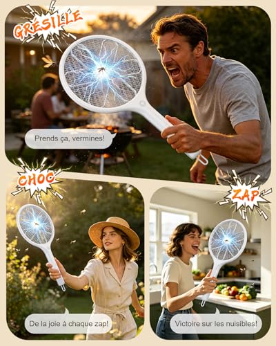Mohard Electric Insect Racket, 4000V USB Rechargeable Fly Swatter, 3-Layer Safety Grid & LED Light, Lightweight Mosquito Racket for Indoor, Outdoor, Garden & Camping