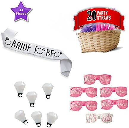 Bachelorette Party Bride To Be Kit by JPK - for Bridal Party, Bachelorette Party, Hen Party - Includes Bride &amp; Bridesmaid Sunglasses, Bride Sash, Cute Straws, Ring Shot Glass