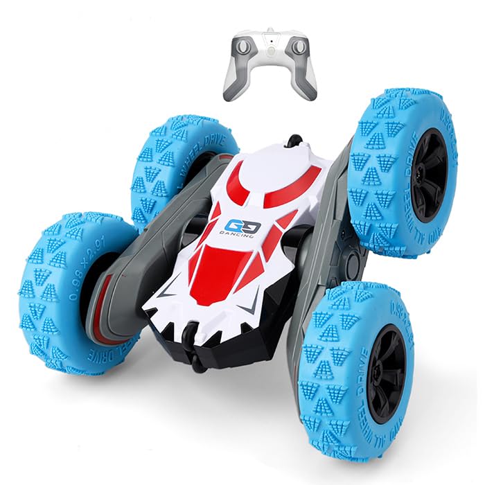 Sabocha R/C Remote Control Stunt Car, 4WD, 2.4 GHz, 360° Double-Sided Flips, LED Lights, 24 cm, for Ages 6+ (White Blue)