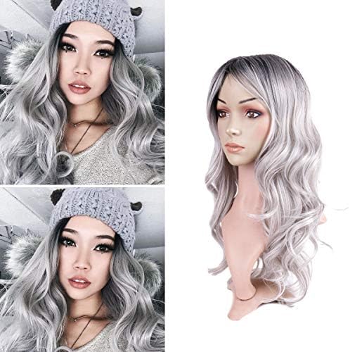 PHOCAS Hairphocas Ombre Grey Wigs Long Wavy Curly Sliver Wig Dark Roots Free Part Synthetic Cosplay Party None Lace Replacement Wig