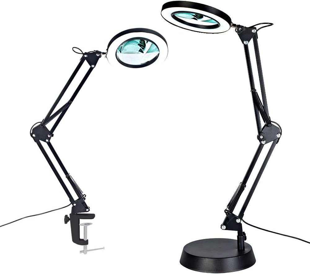 Magnifying Desk Lamp, Addie 2-in-1 Daylight Bright LED Magnifier Lamp with Utility Clamp, Cool White/Warm White Full Spectrum Magnifier Glass with Light for Reading, Hobbies, Crafts, Workbench- Black